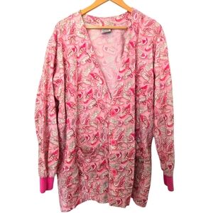 Smart Scrubs Pink Patterned Button-Up Cardigan Size XL